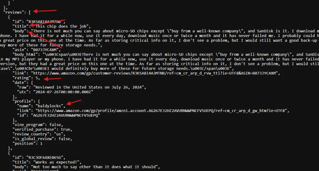 API reviews data in json format