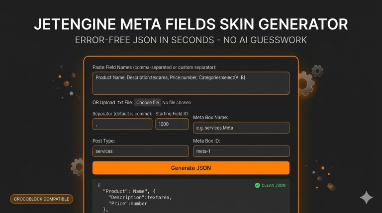 A screenshot of the free JetEngine Meta Fields Skin Generator interface from revisions.club on a dark background.
